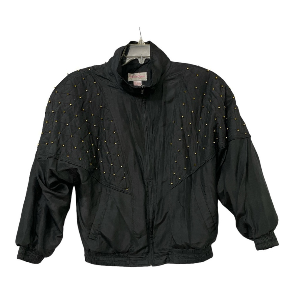 Vintage Rhoda Lynne Black Silk Gold Beaded Track Jacket Jogger Warmup size M